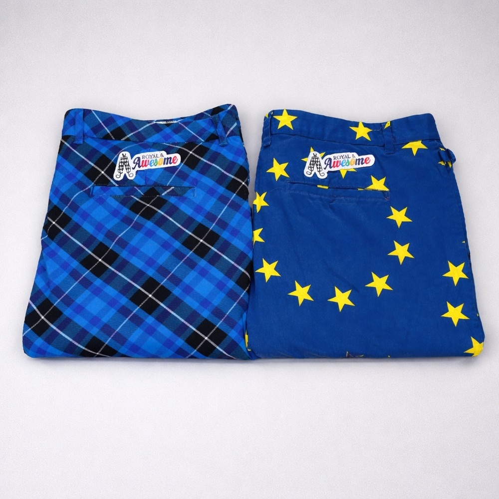 Royal & Awesome Men’s 44x28 Golf Pants Bundle Stars USA & Blue Plaid EUC